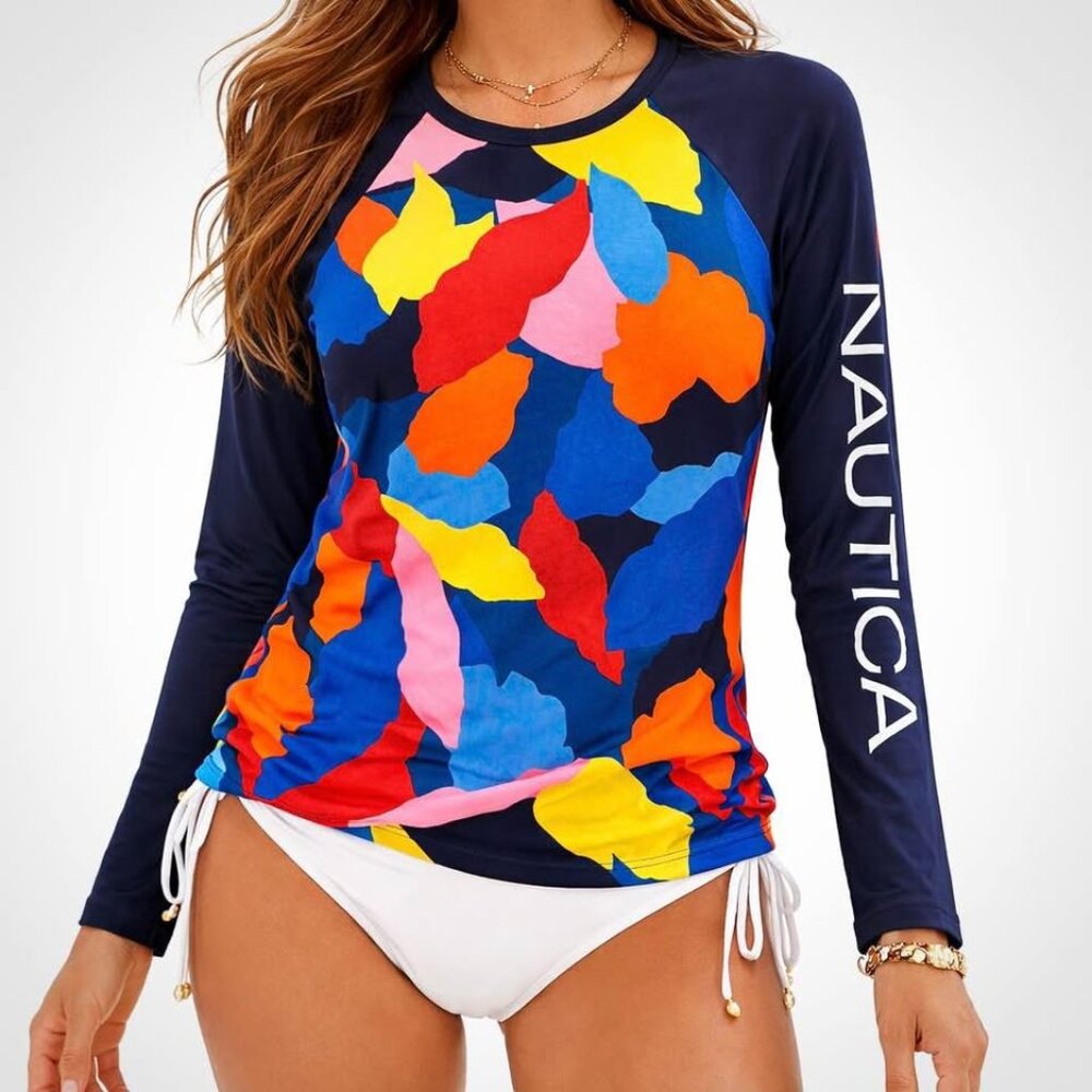 Nautica Long Sleeve Rashguard Quick Dry UPF 30 Colorful Beach Swim Top [size L]